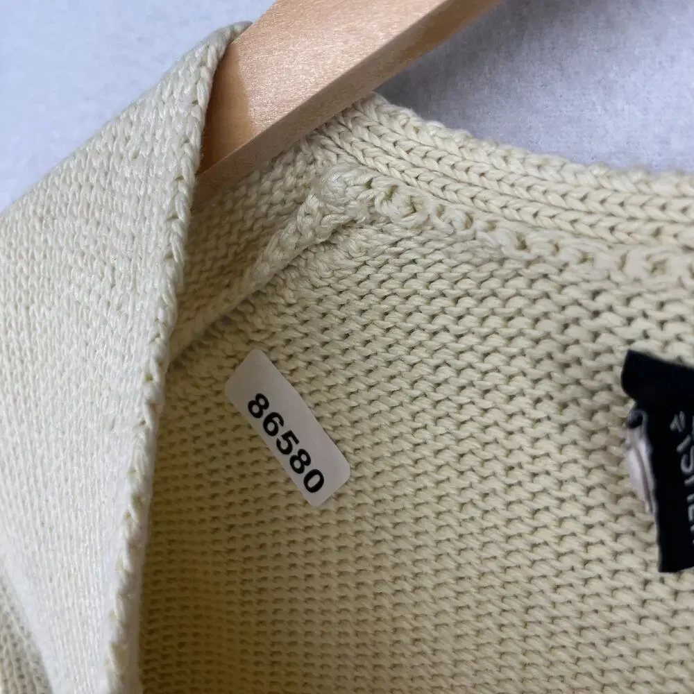 EILEEN FISHER Sweater S Cotton Chunky V-Neck Rolled Hem Pullover Off White VTG